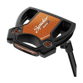 TaylorMade Spider Tour Black putter with copper face insert, amber screw accents, and hosel neck, shown from above-front angle