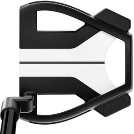 Black and white golf putter with mallet-style head, alignment sight lines, and black hosel, viewed from above