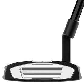 TaylorMade Spider GT putter, white and black mallet head with Pure Roll face insert and black hosel, sole view