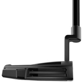 Black golf putter with mallet-style head, black shaft and grip, featuring grooved face alignment detail, shown from side angle