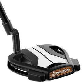 TaylorMade Spider X putter in black and white with copper face insert, hosel neck, and single bend shaft
