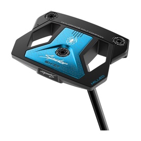 TaylorMade Spider GT Putter in black and blue, mallet-style head with geometric cutouts and hosel neck, angled shaft view
