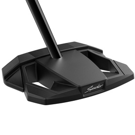 TaylorMade Spider putter in matte black, mallet-style head with geometric alignment wings and black hosel shaft