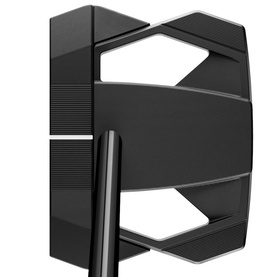 TaylorMade putter in black with silver accents, featuring a wide mallet head, geometric alignment aid, and grey shaft