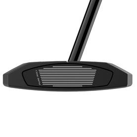 TaylorMade putter in black with silver face insert grooves, straight hosel, front-facing view showing full clubhead and shaft
