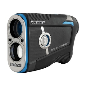 Bushnell Tour Hybrid laser rangefinder in black and silver with blue accents, dual lenses and textured grip body