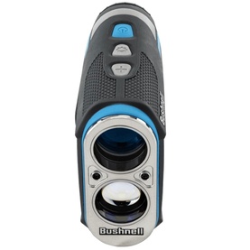 Bushnell golf laser rangefinder in grey and blue, front-facing view showing large lens and rubberised grip body