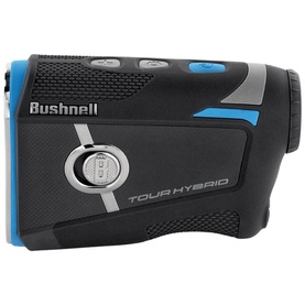 Bushnell Tour Hybrid golf rangefinder in black and blue with silver lens and textured grip body