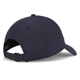 Navy blue baseball cap, rear view showing structured six-panel design and black adjustable buckle fastening