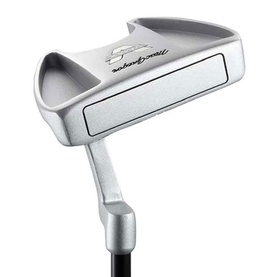 MacGregor junior golf putter in silver with mallet-style head, white face insert, and slim steel shaft