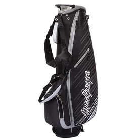 MacGregor Junior Golf Stand Bag in black with grey diagonal stripe detail, shoulder strap, and multiple zip pockets