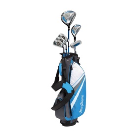 MacGregor Junior Golf Set in blue, including multiple clubs with blue grips and a matching blue and white stand bag