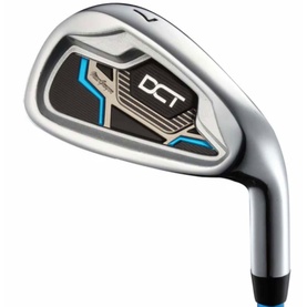 MacGregor DCT junior golf iron in silver with blue accent detailing on the face and hosel