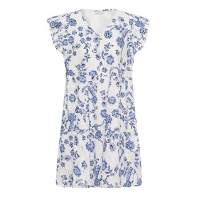 Kaffe women's dress in Chalk Midnight Flower, white with blue floral print, flutter sleeves, V-neckline and relaxed fit