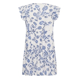 Kaffe women's dress in Chalk Midnight Flower, white with blue floral print, flutter sleeves, gathered waist, back view