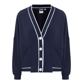 Varley navy cardigan with white tipping, V-neckline, button front, and ribbed cuffs and hem