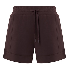 Varley Coffee Bean shorts with elasticated drawstring waist, side seam pockets, and cuffed hem in soft jersey fabric