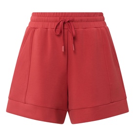 Red wide-leg drawstring shorts with elasticated waistband, side pockets, and cuffed hem
