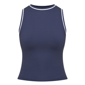 Varley Blue Nights tank top with white contrast trim at neckline and armholes, sleeveless, fitted silhouette