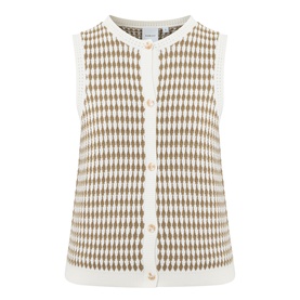 Varley Aura Sweater Vest in Egret/Golden Olive, sleeveless knit with houndstooth check pattern, round neckline and gold button fastenings