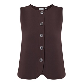 Varley Coffee Bean sleeveless top with round neck and decorative shell buttons down front placket