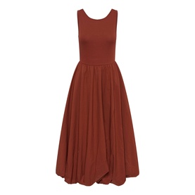 Kaffe henna sleeveless midi dress with fitted bodice and full gathered skirt, shown as a flat product shot
