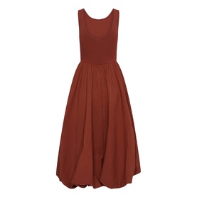 Kaffe henna sleeveless midi dress with scoop neck, fitted bodice and voluminous gathered skirt in rust-red tones