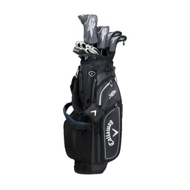 Callaway Golf Club Set in black and silver, full set of clubs in upright black cart bag with white logo detailing