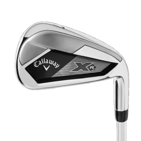 Callaway XR iron golf club in black and silver, showing wide sole, cavity back design and chrome finish
