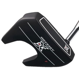 Odyssey DFX mallet-style golf putter in matte black with white alignment lines and silver hosel shaft, sole view