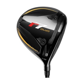 TaylorMade R1 Quad golf driver, black crown with gold and red detailing, adjustable hosel, graphite shaft