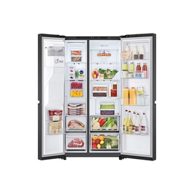 LG 638L NatureFRESH American Style Fridge Freezer in Essence Matte Black, both doors open showing fully stocked fridge and freezer compartments