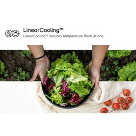 LG 638L NatureFRESH Fridge Freezer LinearCooling feature graphic showing hands holding a bowl of fresh salad leaves