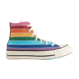Converse Chuck 70 Hi-Top trainer in blue multi stripe egret, rainbow striped canvas upper, white rubber cupsole and toe cap