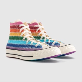 Converse Chuck 70 high-top trainers in blue multi stripe egret, rainbow striped canvas upper, cream laces and sole, purple outsole