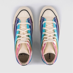 Converse Chuck 70 high-top trainers in blue multi stripe egret, overhead view showing rainbow sequin upper and cream laces