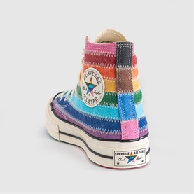 Converse Chuck 70 high-top trainer in blue multi stripe egret, rainbow patchwork canvas upper, cream midsole, rear view