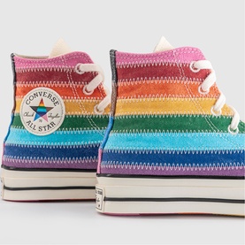 Converse Chuck 70 high-top trainers in blue multi stripe egret, rainbow striped terry cloth upper, white laces and platform sole.