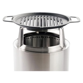 Solo Stove Cast Iron Bonfire Grill Top and Hub, stainless steel cylindrical base with ribbed cast iron grill plate and dual handles