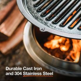 Solo Stove Cast Iron Bonfire Grill Top and Hub, close-up showing ridged cast iron grill grate over glowing fire, with text highlighting durable