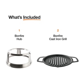 Solo Stove Cast Iron Bonfire Grill Top and Hub set showing stainless steel hub ring and black cast iron grill with handles