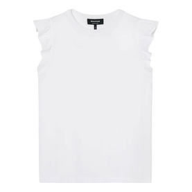 Whistles white sleeveless top with frill cap sleeves and crew neckline, flat lay product shot.