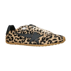 Golden Goose trainer in brown leopard-print pony hair with black leather star detail, cream laces, and gum rubber sole.