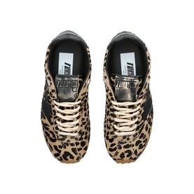 Golden Goose brown leopard-print calf-hair trainers with black leather trim, gold metallic heel, and black laces, overhead view