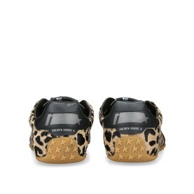 Golden Goose trainers in brown leopard-print with black patent heel tab, gold star-embossed sole, rear view