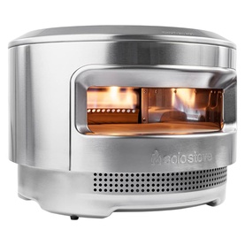 Solo Stove Pi Pizza Oven in brushed stainless steel with open front viewing window showing active flame inside