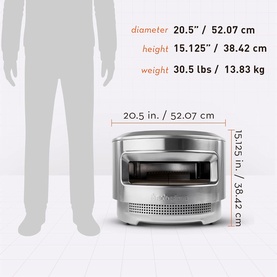Silver countertop pizza oven shown with size guide: 20.5" diameter, 15.125" height, 30.5 lbs, beside human silhouette for scale