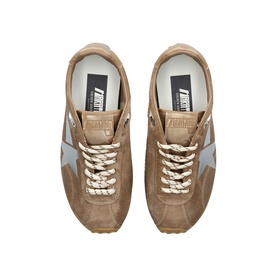 Golden Goose brown suede trainers with silver star detail, cream lace-up front and gum sole, top-down view