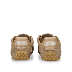 Golden Goose brown suede trainers, rear view showing gold star-embossed rubber sole and patent heel tab
