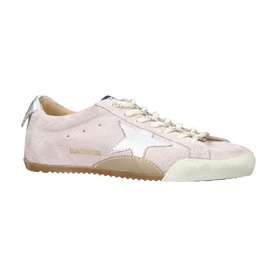 Golden Goose pink suede trainer with white leather star, silver heel tab, cream sole, and tan toe overlay